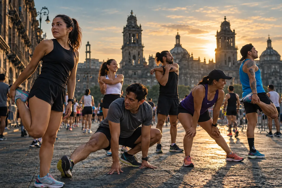 Participantes calientan antes de correr.